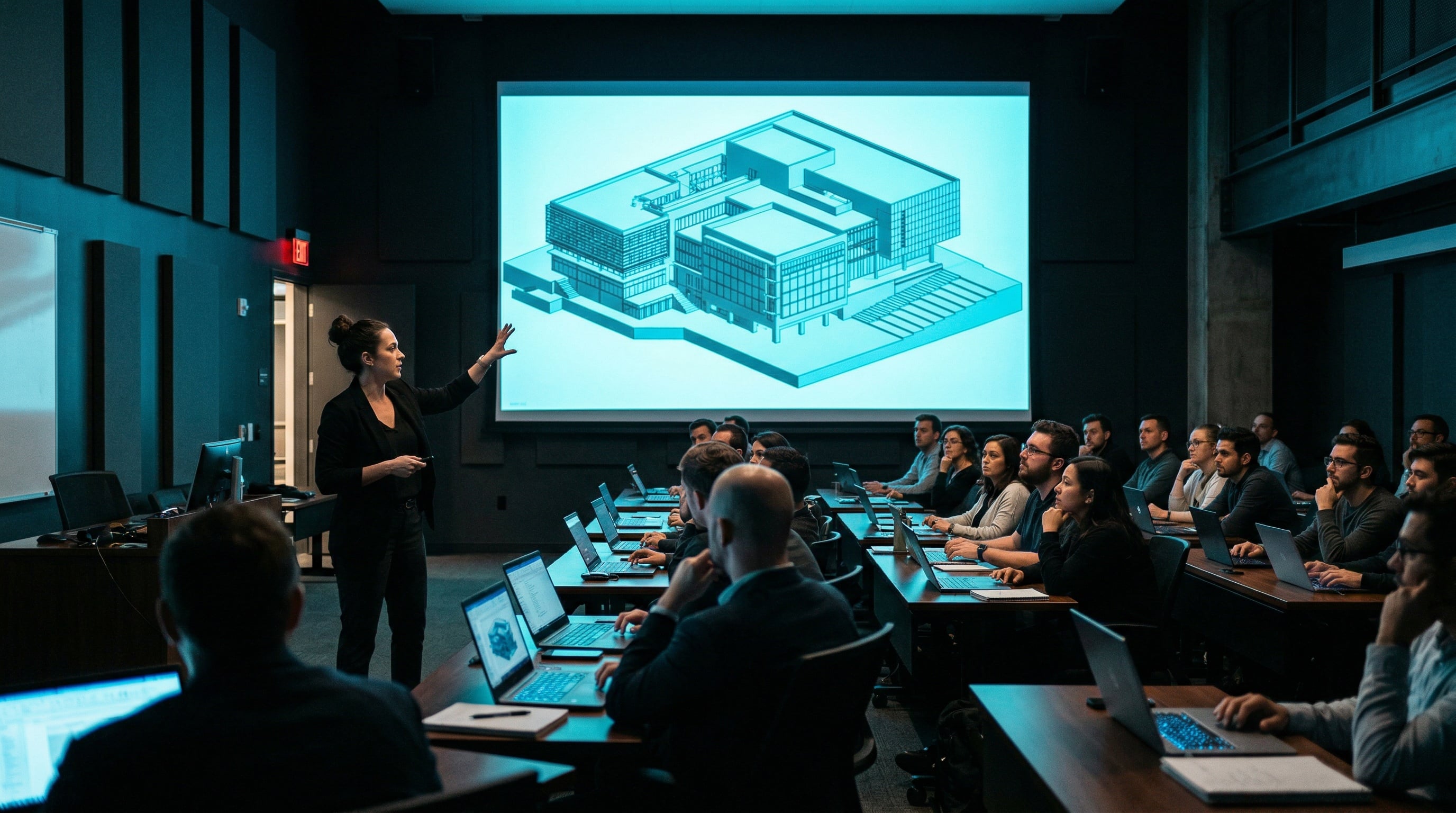 Formation BIM en salle avec participants et écrans de modélisation