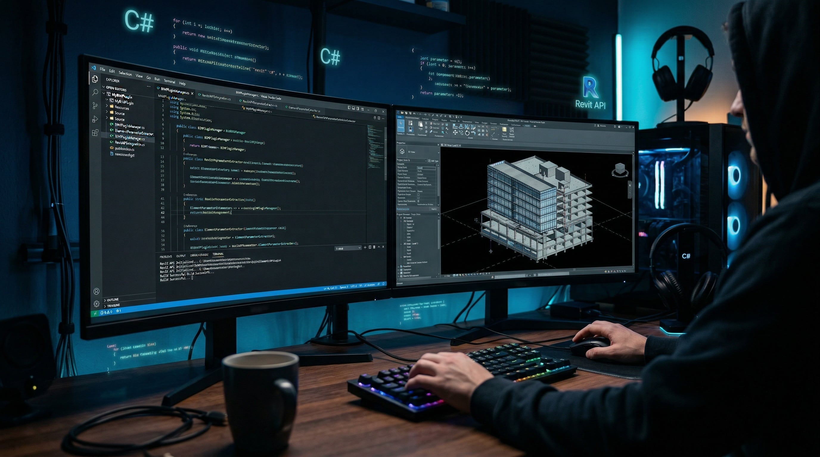 Développement de plugins BIM sur double écran avec code et modèle 3D