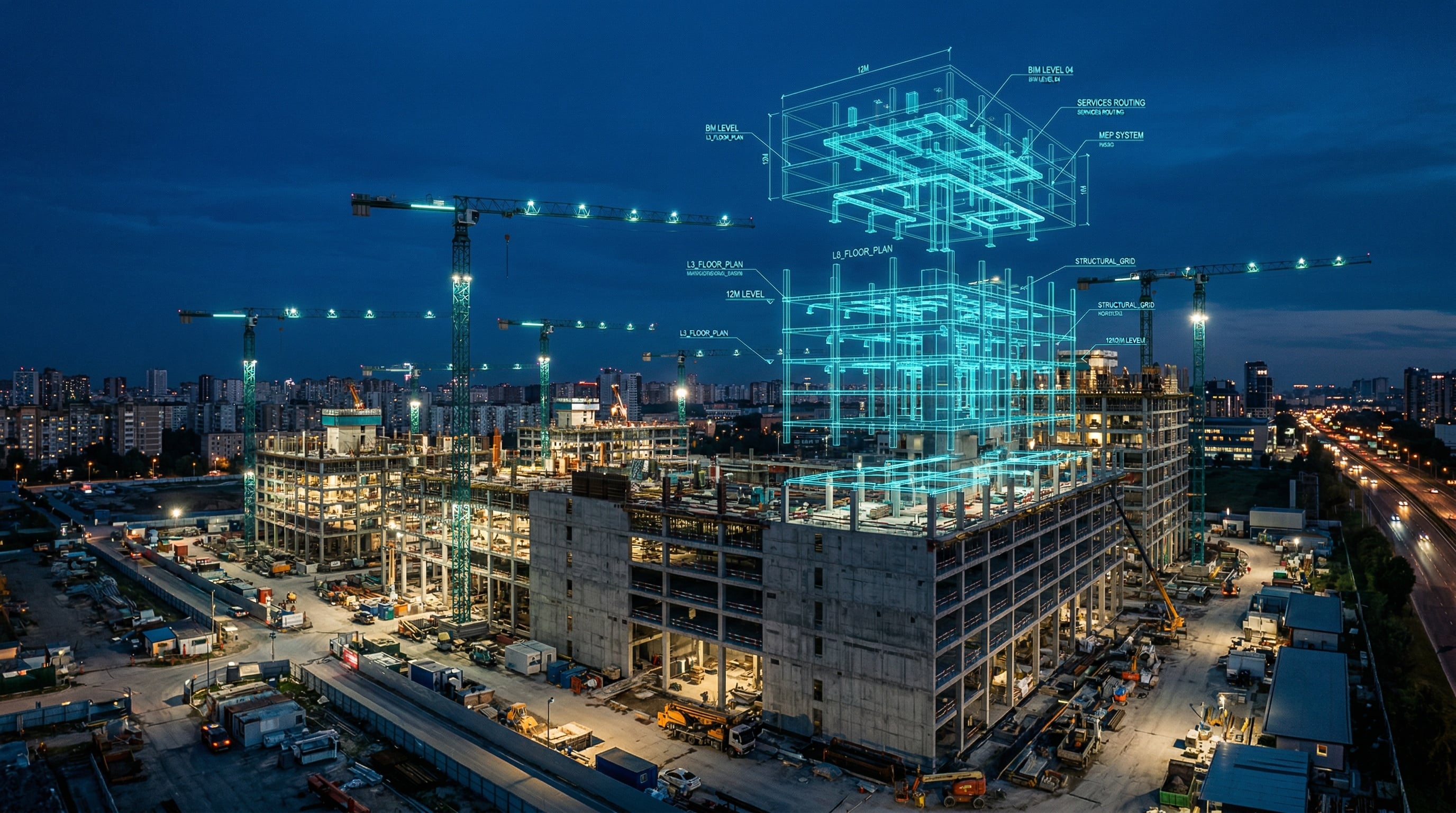 Chantier de construction avec overlay BIM numérique